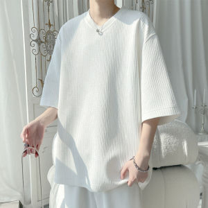 White V-Neck Ice Silk Short Sleeve T-Shirt Mens Summer Loose Fit Half Sleeve American Trendy Brand Heavy Top Polyester Fiber