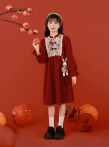 Girls Velvet Christmas Dress Fleece Lined Vintage Style Spring Autumn Winter New Year Skirt Childrens Fashion Frock