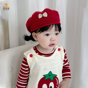 หมวกเบเร็ตสีแดงถักสำหรับเด็กผู้หญิง เด็กวัยเตาะแตะ เด็กวัยรุ่น ฤดูใบไม้ร่วง/ฤดูหนาว หมวกไหมพรมปักลายผีเสื้อ อบอุ่น หมวกเด็ก หมวกเด็กผู้หญิง