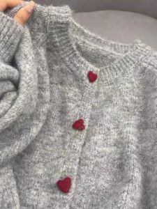 Gray with Heart Button Sweater Outwear Female 2024 Autumn New Arrival Fancy Loose round Neck Knitted Cardigan Top