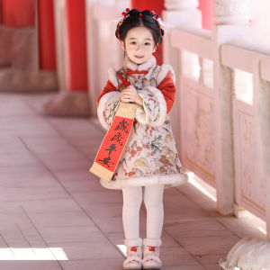 Girls Cheongsam Winter Clothes Fleece Lined New Year Visiting Outfit Traditional Chinese Style Hanfu Skirt Baby Winter Celebration Dress