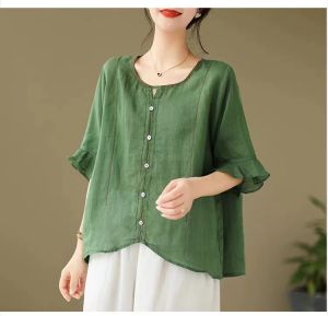 LUCKIN STORE Summer Womens Shirt 2025 New Cotton and Linen Embroidered Round Neck Top Ethnic Flare Sleeves Loose Linen Pullover Embroidered Thin Short Top Middle Sleeve