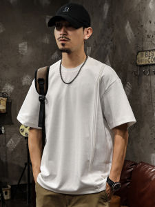 American Style Heavyweight 300g White Short Sleeve T-Shirt Loose Fit round Neck Striped Top for Men Summer Fashion Casual Wear