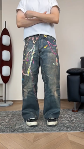 PannoFluxus อเมริกันวินเทจฮิปฮอปโซ่ฮิปฮอปกางเกงยีนส์พิมพ์พังก์กราฟฟิตีกางเกงยีนส์