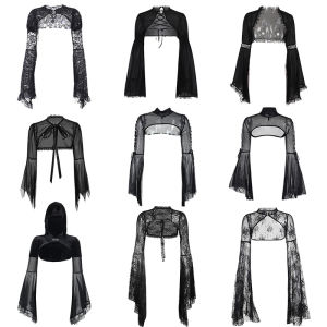 Ghost Yan Womens Team Singing Dark Goth French Clothing Lace Mesh Transparent Long Sleeves Blouse Bell Sleeve Short Coat for Women