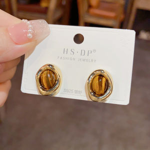 Coffee Color Retro Earrings Unique Design Tiger Eye Stone Pure Silver Needle Luxury Autumn Winter Style Geometric Pattern for Women