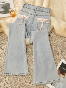 High Waist Bell Bottom Jeans Womens Thin Autumn New Style Butterfly Knot Nine Point Flared Pants Cotton Stretch Denim Light Color
