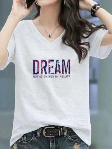 ฤดูร้อน รูปแบบใหม่ หลวม ขนาดใหญ่ พรางหุ่น คอวี ไม้ไผ่ ผ้าฝ้าย เสื้อยืดพิมพ์ลายแขนสั้น ผู้หญิง แฟชั่น เสื้อท่อนบน เวอร์ชั่นเกาหลี