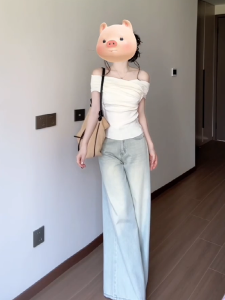 Quần Jeans Ống Thẳng Cạp Cao Phong Cách Mỹ Retro Mùa Hè Mới Quần Ống Rộng Ôm Dáng Màu Sáng Cho Nữ Quần Dài Đến Sàn