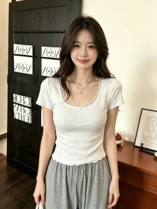 YUANYA | Lace U-Neck Slim Fit Ballet Style T-Shirt White