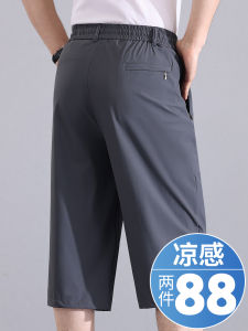 กางเกงขาสั้นผ้าไหมน้ำแข็งแห้งเร็วสำหรับผู้ชาย ฤดูร้อน 2025 กางเกงขายาวทรงหลวมเอวสูงสำหรับผู้ชายวัยกลางคนและผู้สูงอายุ