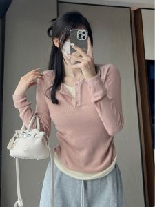 Pink Long Sleeve Knitted Top Women Early Autumn Shoulder Design Slimming Base Layer Shirt Korean Style Commute Style Slim Fit