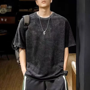 American Retro Vintage Short Sleeve T-Shirt Men Summer Heavyweight Pure Cotton Washed Loose Half Sleeve Body Shirt Top