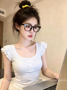 Double-layer Ruffle Puff Sleeves Slim Fit Summer Tshirt