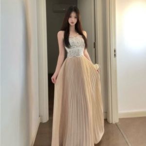 CHANGTONG | Unique French Style Lace Bustier & Pleated Long Dress