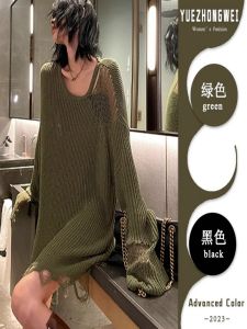Green Hollow out Torn Knitted Sweater Womens Loose Mid-Length Oversized Pullover Korean Style Early Autumn New Arrival