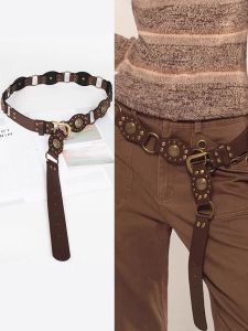 Retro Vintage Western Belt Design Sense Womens Jeans Belt Buckle Waist Belt Versatile Geometric Pattern PU Leather Belt