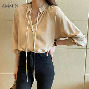 AMMIN Korean Style V-Neck Long-Sleeve Chiffon Shirt For Women Autumn New Design Small Simple Chic Ribbon Chiffon Tops Casual Blouse