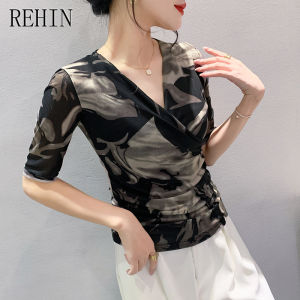 REHIN Autumn wrinkled cross V-neck fashion medium-sleeved mesh printed short sleeve T-shirt fashion slimming base trendy women blouse