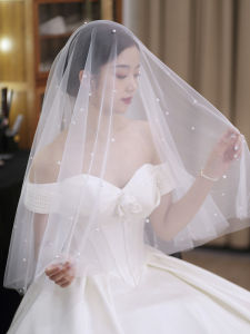 Bridal Veil Pearl Accented Soft Tulle Headpiece for Wedding Ceremony Long Sleeve Face Covering Vintage Feel Mid-Length Single Layer
