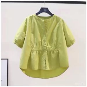 NANDO ATASAN KEMEJA WANITA KOREA STYLE DEPAN BELT BAHAN KATUN POPLIN PREMIUM LENGAN PENDEK