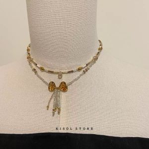 Downton Abbey Autumn Winter Heart Butterfly Knot Beaded Necklace Luxury Vintage Clavicle Chain Layering Jewelry for Women
