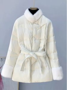 Elegant Thickened Waist-Cinching Cotton Jacket Womens Winter Coat White Traditional Chinese Style Fashionable Hanfu Top