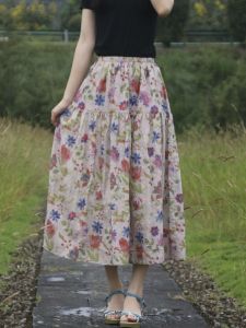 Summer Floral Skirt New Arrival Fresh and Stylish Cotton Linen Elegant Gentle and Slim-Fit Mid Length Long Length A- line Skirt Flab Hiding