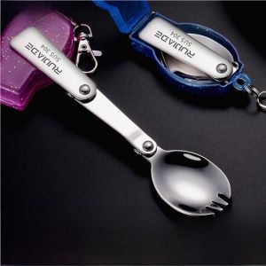 Portable Travel Foldable 304 Stainless Steel Spork Extendable Spoon Fork Combination Compact Soup Spoon Utensils Dining Table