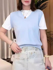 Shalldoer | Korean Style Fake Two-Piece Design Color Block Round Neck Short Sleeve T-Shirt Womens Summer Fashionable Youthful Top