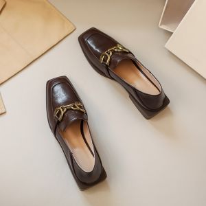 Brown Flat Heel Womens Shoes with Square Head and Buckle Detailing Soft Sole Comfortable Microfiber Leather Casual Loafers