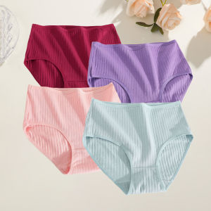 4Pcs/Set Womens Seamless Cotton Fabric Underpants Solid Color High Waist Thread Underpants Female Soft Cozy Elastic Lingerie