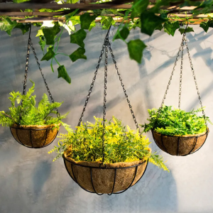 Hanging Pot Metal Plant Flower Hanging Pots Basket Black Metal Chain Coconut Coir Liner for Indoor Outdoor Decoration