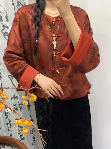 Red Black New Chinese Style Coat Button up Top Womens Fashion Spring 2025 High-End Feel Half Skirt Set Polyester Fiber