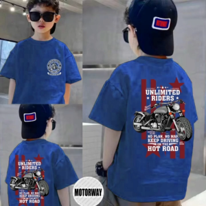 MOTOTWAY K515 T-shirt with motorcycle graphic and text "UNLIMITED RIDERS NO PLAN NO MAP KEEP DRIVING ON THE HOT ROAD" for children,Premium cotton short-sleeved T-shirts available in sizes for children and adults in 7 colors for a casual street style.