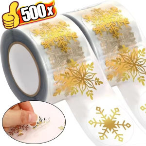 สติกเกอร์เกล็ดหิมะสีทองใสสำหรับเทศกาลคริสต์มาส500ชิ้นป้ายซองจดหมายแบบมีกาวในตัวการ์ดห่อของขวัญของตกแต่งแบบ DIY สำหรับปาร์ตี้วันหยุด