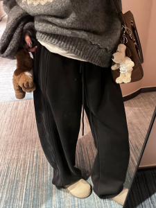 Black Fleece Lined Thickened Slimming Wide Leg Pants High Waist Casual Trousers for Women Autumn Winter Loose Fit Sports Pants