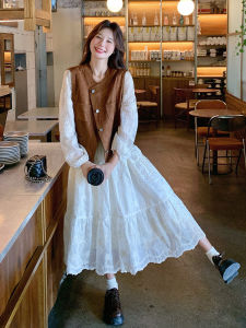 Korean Style Retro Fashion Suede Vest Set Womens Spring Autumn New Slimming Lace Dress Two Piece Set High Waist A-Line Skirt