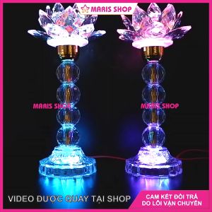 Bộ 2 Đèn Hoa Sen Pha Lê Nguyên Khối Để bàn Thờ Phật Đèn Hoa Sen Đèn Thờ Cúng Cao 28cm