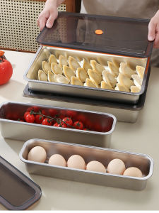 กล่องเก็บอาหารแบบยาวสำหรับจัดเก็บข้าวต้มและมักกะโรนี กล่องเก็บอาหารเหล็กไม่สนิม 304 สำหรับตู้เย็น กล่องแช่แข็งเร็ว กล่องเก็บอาหารแบบปิดด้วยซิลิโคน