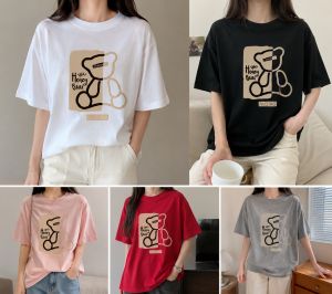 Womens Letter Bear Print Fashionable T-shirt Round Neck T-shirt Casual and Comfortable Autumn and Winter Base Shirt Top