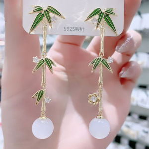 Elegant Long Bamboo Leaf Earrings New Chinese Style Luxury Fashion Jewelry Bamboo Stem Hoops Fresh out Collection for Women