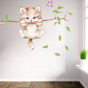 Modern Minimalist Cartoon Cat Branch Wall Decals Self Adhesive Waterproof PVC Nursery Decoration Wall Stickers for Kids Room