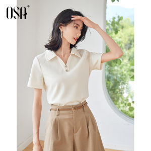 OSA Pure Color Polo Neck Short Sleeve T-Shirt Women Summer New Loose Slimming Top Polyester Cotton Blend Commute Style