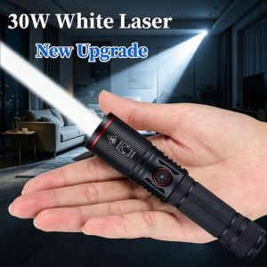 Powerful 30W LED Flashlight White Laser Rechargeable Power Display Zoom Tactical Lantern Outdoor Camping Fishing