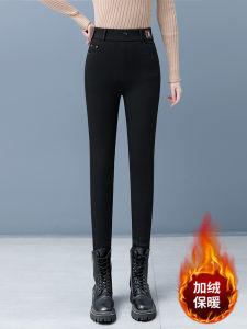 Womens Fleece Lined Thick High Waist Slim Fit Pants Autumn Winter New Style Black Pants Elastic Casual Long Trousers