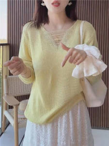 Yellow V-Neck Hollow Knitted Sweater Womens Spring Summer Thin Long Sleeve Loose Top Korean Style Casual Fashion 2025 New
