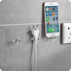 [99HN STORE] Transparent Plug Wall Mount Bracket Kitchen Wall Strong Adhesive Hook Creative Socket Hook Hanger Plastic Wall-mounted