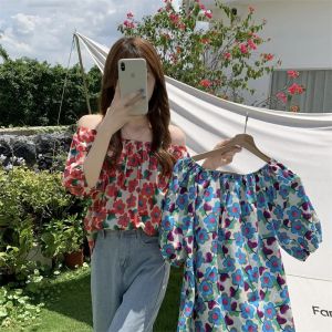 GANLAI Women T Shirt Summer Short Sleeve Shirt off-Shoulder New T Shirt Puff Sleeve Western Style Top Floral Korean Style French Younger Chiffon