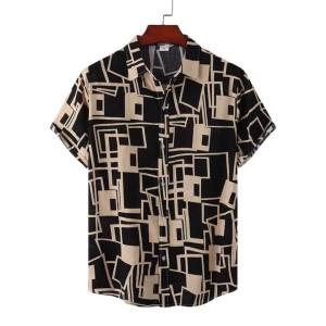 Mens Black Beige Geometric Square Line Full Print Short Sleeve Lapel Shirt Summer Street Daily Casual Top